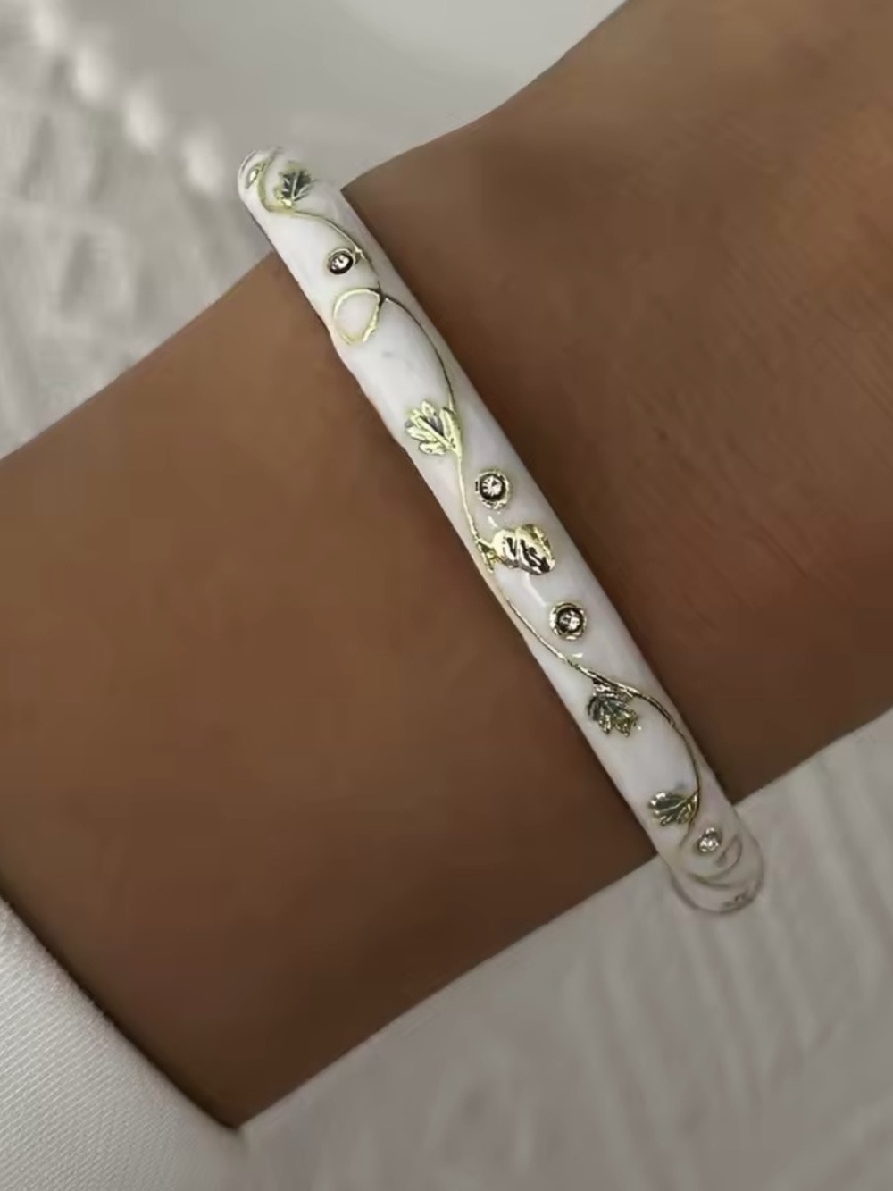 White Enamel Bracelet with Gold Floral Accents
